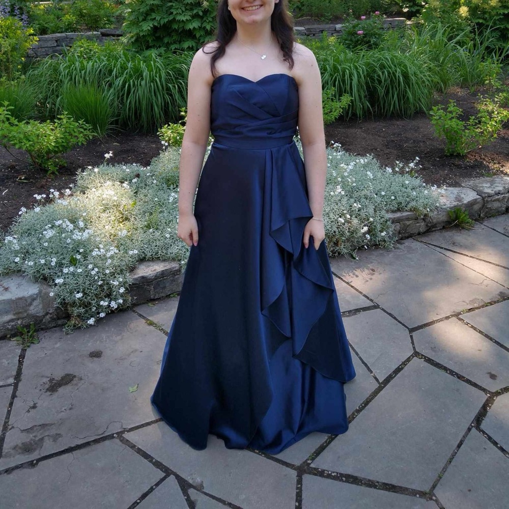 Strapless Betsy Adam, Navy Gown, Size 6, Original price $330 US.